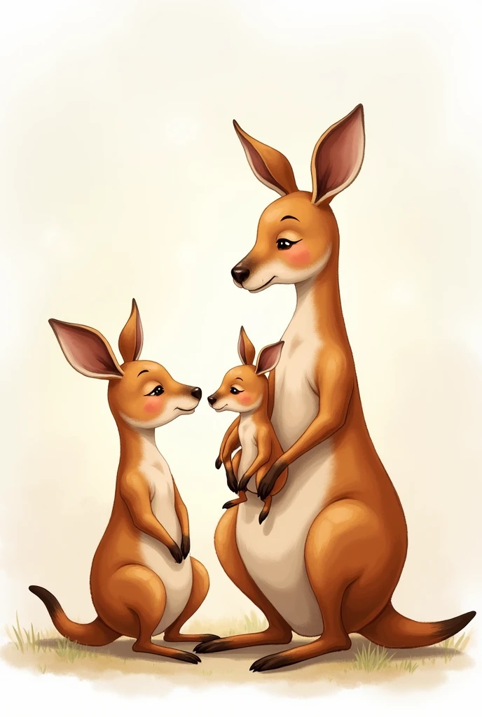 Mother kangaroo with baby in her pouch and next to her father kangaroo of the same size as mother kangaroo. Tender watercolor style