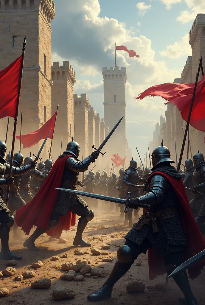 a medieval city with its walls destroyed Two armies fighting