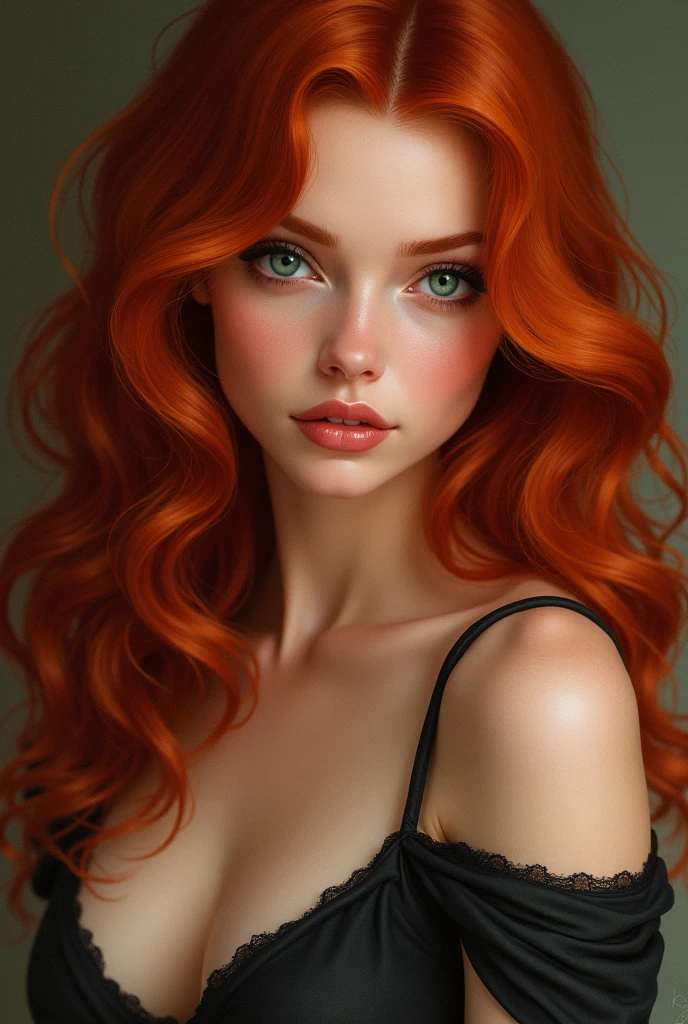 redheadwear, long hair with wavy curls, greeneyes, bountiful breasts