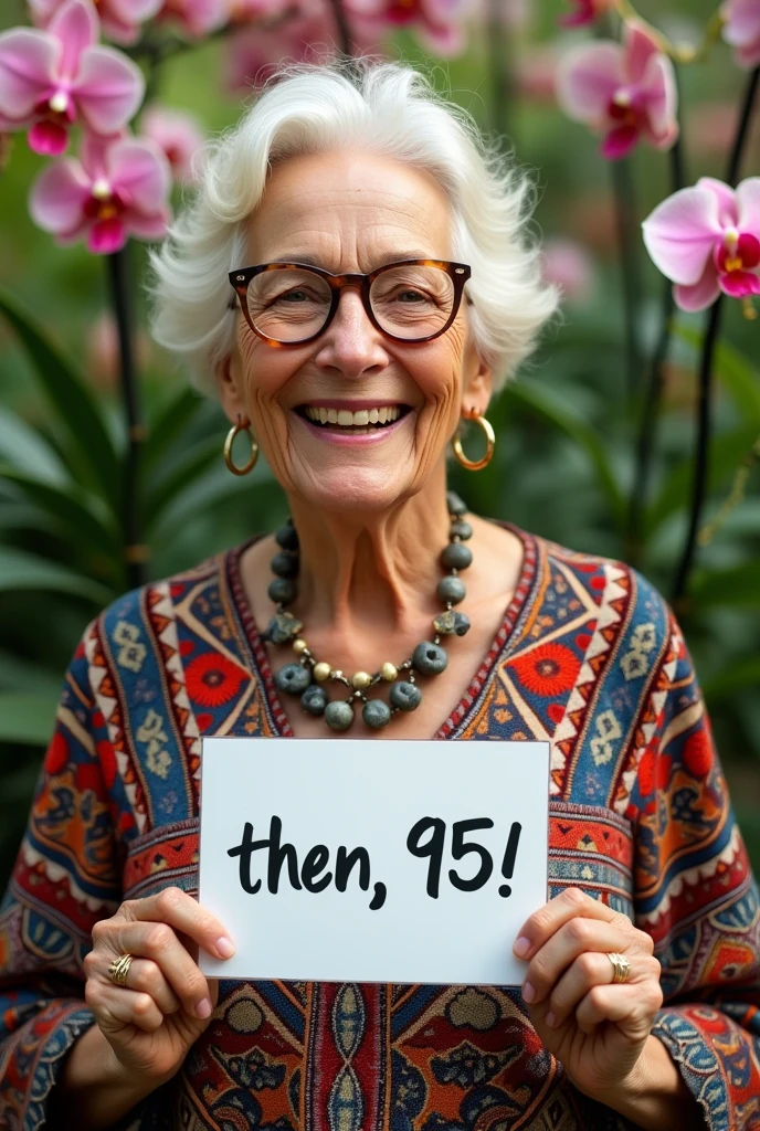 Beautiful smiling woman 60 years old white skin wearing glasses and geometric colorful blouse necklace in orchid garden holding written sign: Then, 95! 