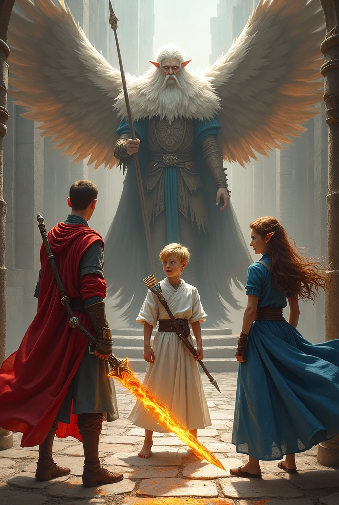in a medieval world.
An 18-year-old man who is 1 meter 80 tall, weighing 65 kilos, with very short hair(almost bald) ,Wearing a red outfit and a flaming sword.
A male elf boy with blond hair and green eyes, wearing a white outfit and a bow and arrow.
A female elf girl with brown hair, wearing a blue outfit and a battle spear.
The three characters above are facing a very powerful male fairy.