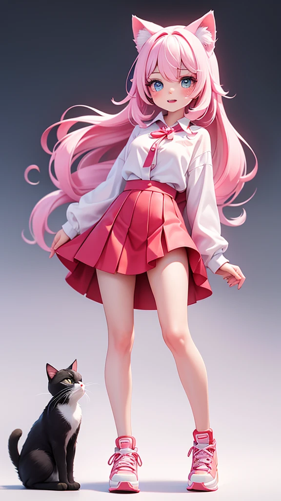 A cute fit 18 year old woman with long black-to-blue gradient hair, bright and reflective blue eyes. white spaghetti fit shirt. pink hair, fair skin, and long, beautiful legs that match her red shoes. She was wearing a knee-length, see-through red-white dress. She beg in the White background Studio. She is holding cat , full body 4k, Front view.
