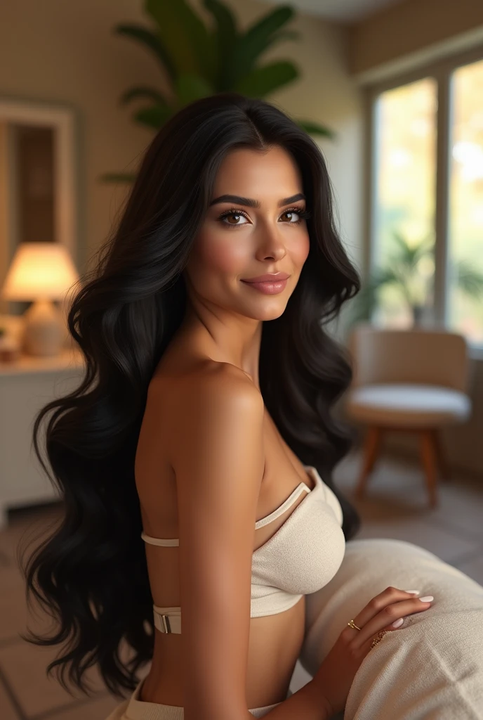 Beautiful Brazilian woman in beauty salon with long hair