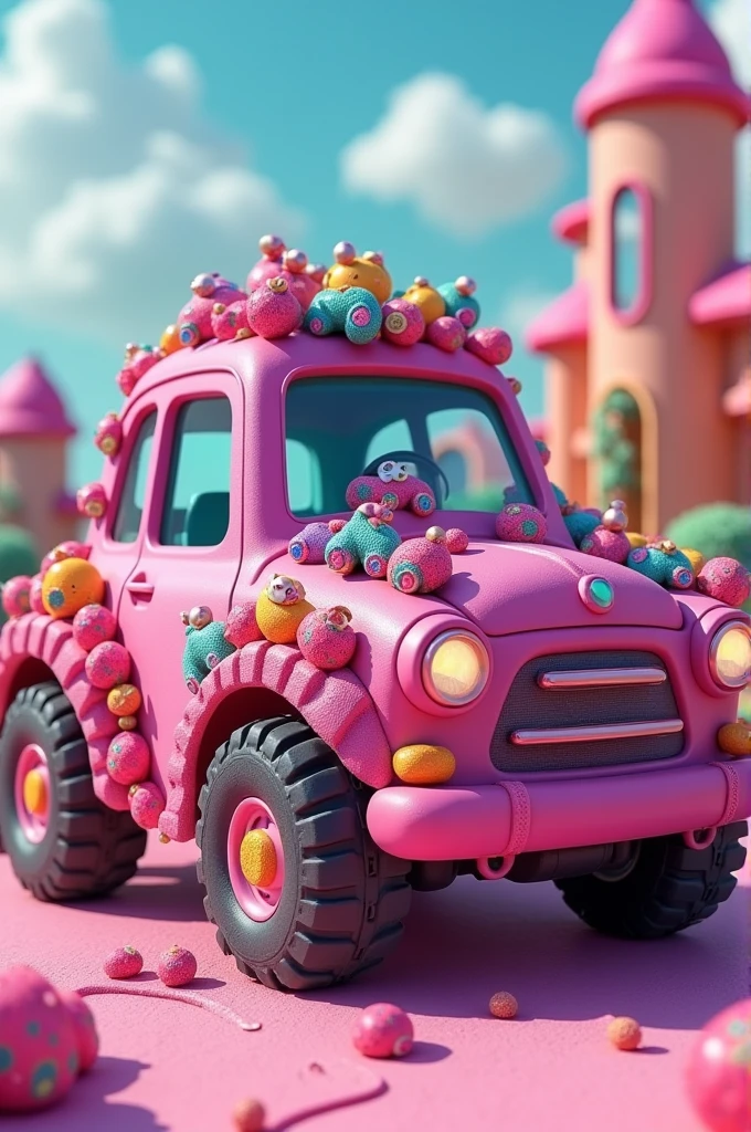 Car with all the tractors with barbie paint