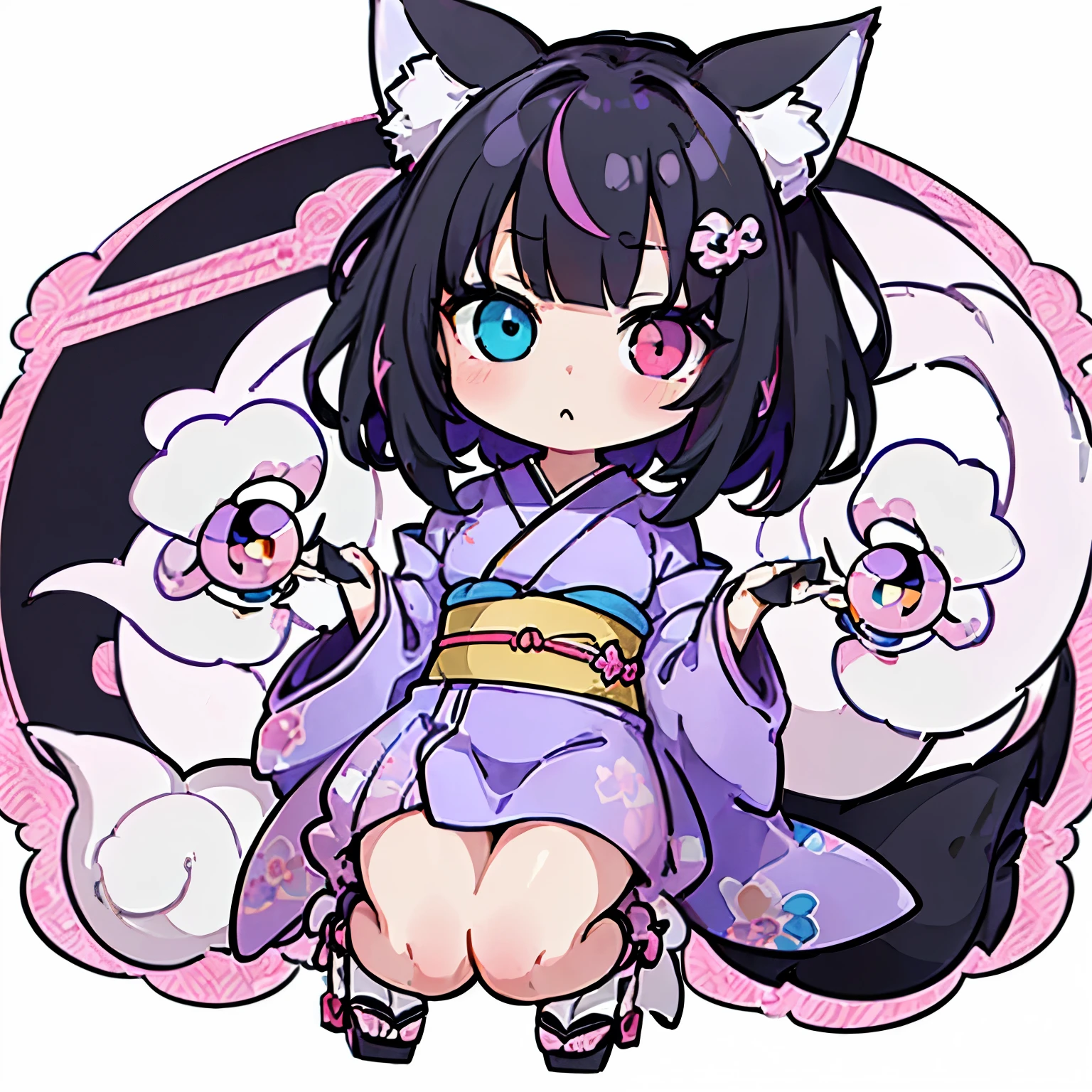 ((HD, Masterpiece, Best Quality, Chibi Art, Cartoon)), short curly hair, ((black hair, bangs, fluffy), High quality eyes, ((pink eye, blue eye, heterochromia)),
Detailed outfit, ((purple kimono)), 1girl, solo, ((white background)), sweet expression , kitsune ((fox ears)), kawaii, ((full body Chibi)), chibi,
