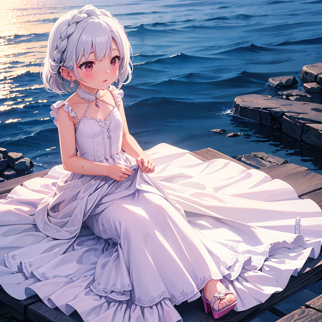 1girl, Solo, wedding dress, white hair, pink eyes, blushing, earrings, masterpiece, high heels, dress lift, earrings, water, wet laying down