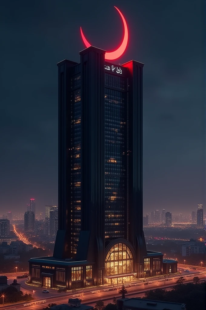 A big, black luxury hotel, at night, with a red crescent on its roof