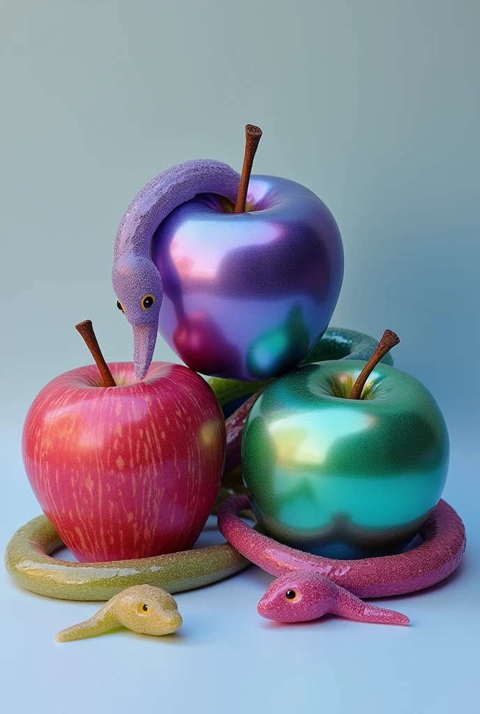 An image with 3 apples, one emerald green, another galactic purple and another metallic blue, with snake-shaped gummies on top.