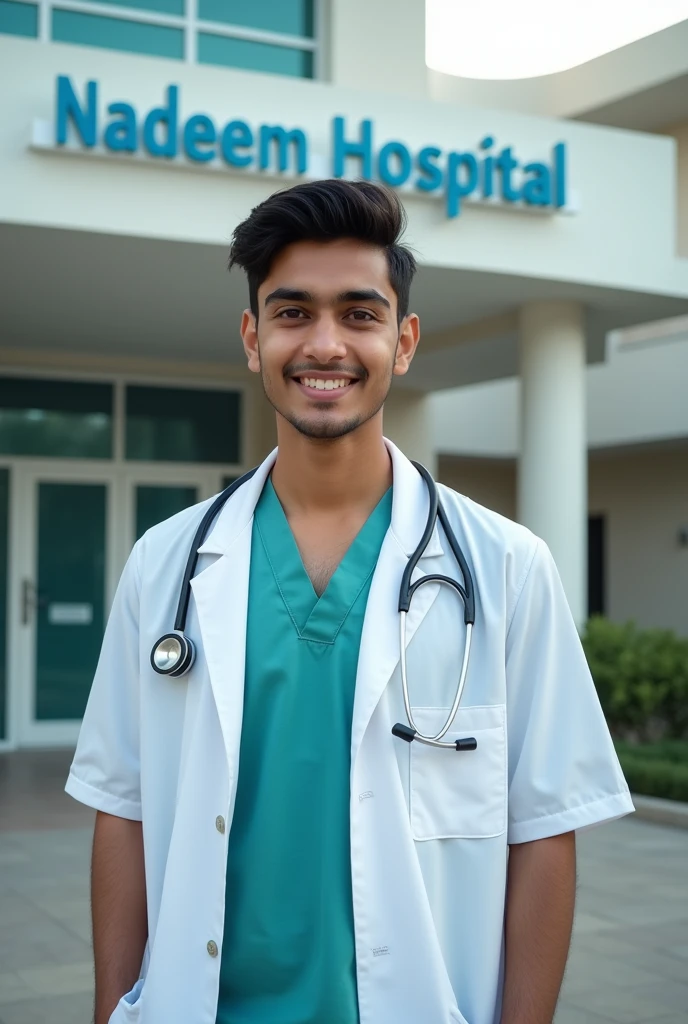 18 year old Indian boy wearing normal doctor dress posing for name Nadeem hospital in background