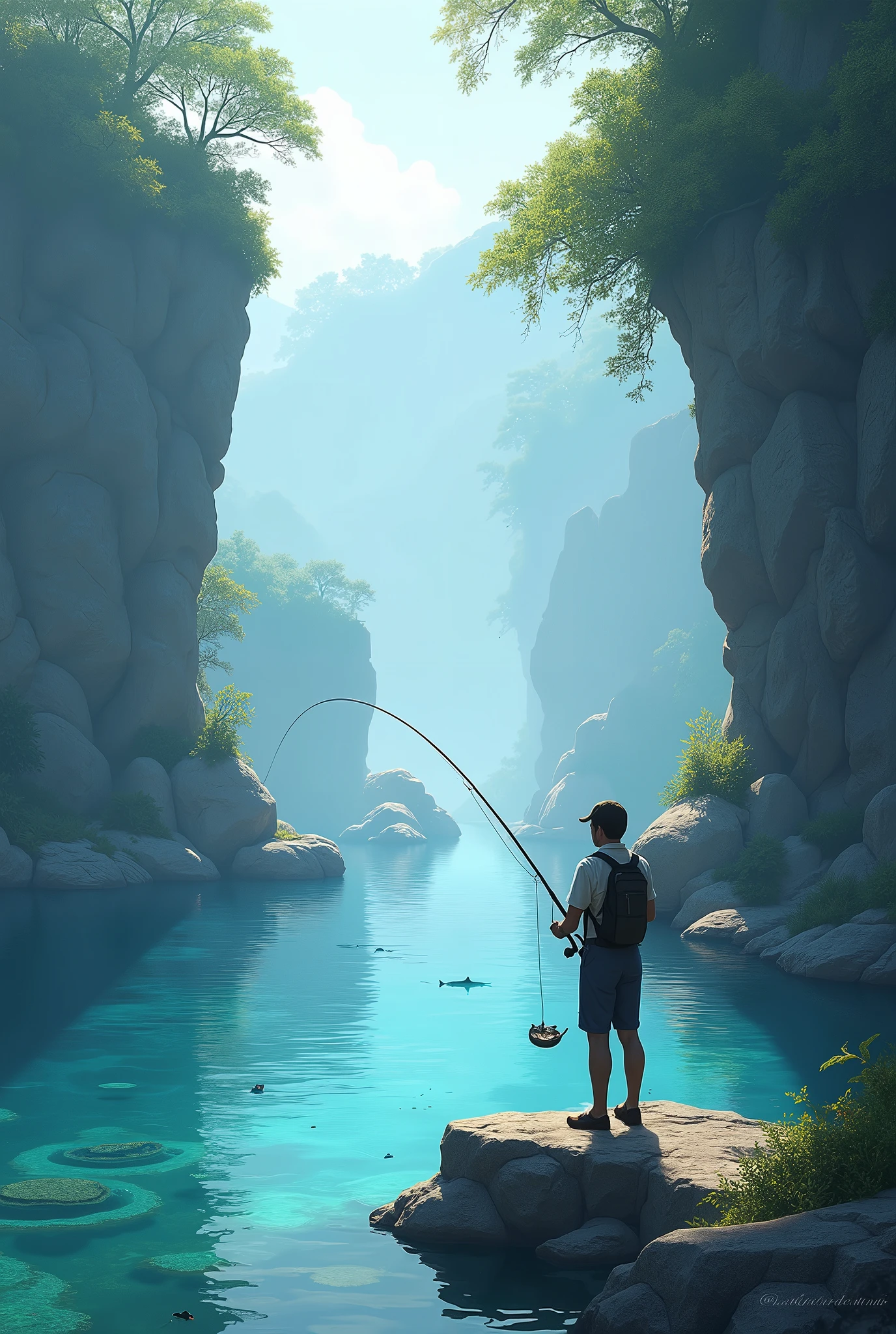 Enjoy fishing, clear water, swimming small fish, rock cliffs, breakwaters