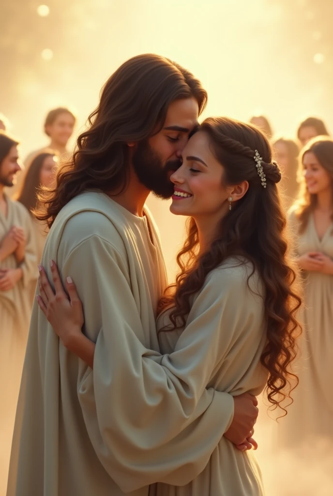 Happy girl with dark brown hair down to her shoulder blades, curly hair tied back with a clip in a simple hairstyle, white skin color, hugging a man Jesus Christ in heaven, with golden colored background, offwhite, light blue and blurred angels, and a crowd hugging and happy