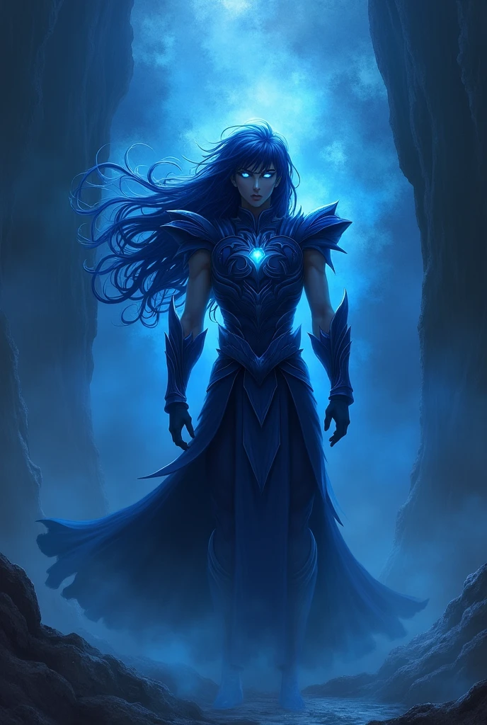 Anime Saint Seiya Shadow,Dark blue hair,Deep blue glowing eyes and blue mist