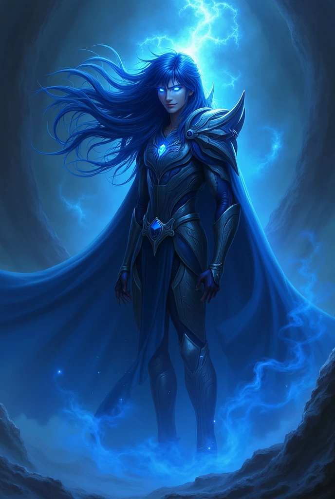 Anime Saint Seiya Shadow，Dark blue hair，Deep blue glowing eyes and blue mist
