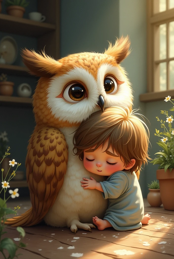 An owl with a child, cheered up