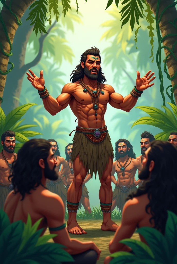 A male jungle person giving a speech in front of other jungle people in cartoon