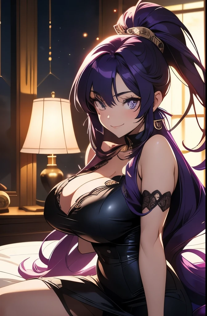 Anime, a glamour shot of a smiling Akeno Himejima (extremely long Purple hair in a high ponytail), enormous breasts, big ass, Sitting demurely with her legs crossed on her bed, leaning toward the viewer, cowgirl, with Smokey eyes and knowing smile, sexy underwear, insanely detailed face and eyes, intricate, hyper-detailed bedroom, digital illustration, masterpiece, beautiful eyes, atmospheric lighting, centered, perfect anatomy, glowing eyes, candid portrait, clear, very detailed, smooth, sharp focus, focused on the viewer