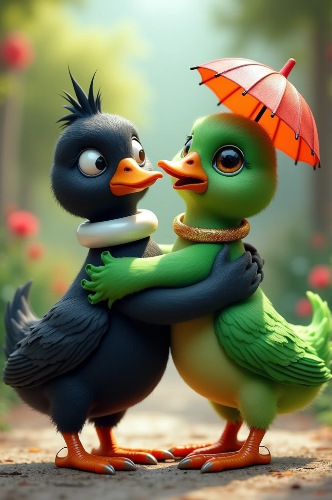 Imagine a black duck with a white ring on its neck and a green bird with an umbrella on its head with a gold ring on its neck and funny shoes that are hugging each other.