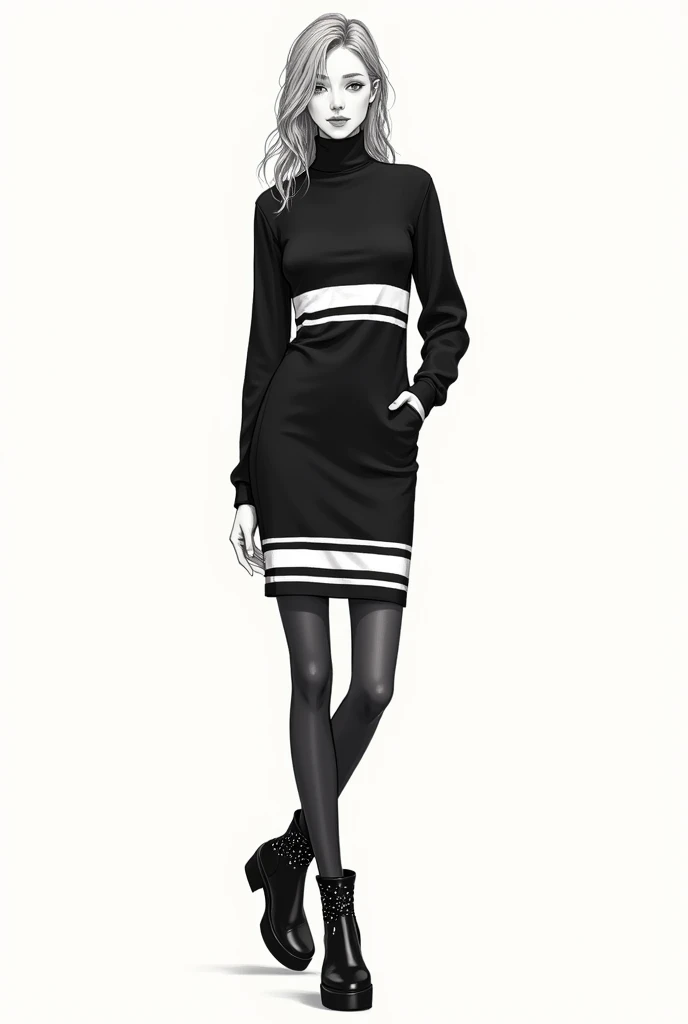 a sketch of a girl wearing a black turtleneck sweater, with a black skirt with two white stripes , The stockings are below the knee in black and have two white stripes, and black boots with black confetti on the sides