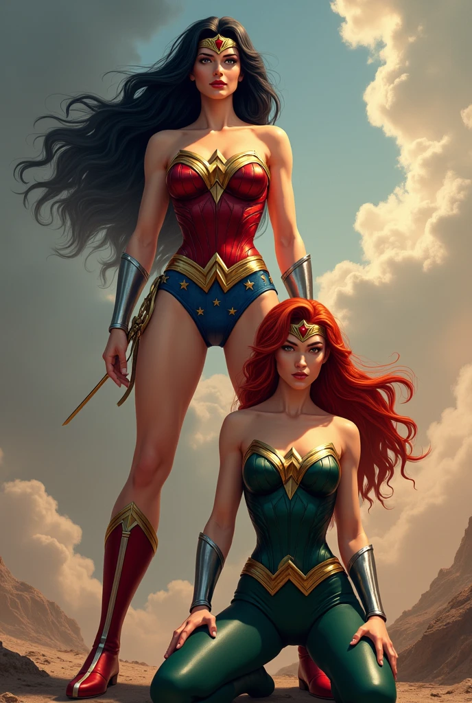 Two Wonder Women, one standing with long black hair in the original Wonder Woman outfit, red boots and silver bracelets, the other on her knees with long, red hair in a braid, a green jumpsuit and green boots with gold trim, silver bracelets, Wonder Woman diaema