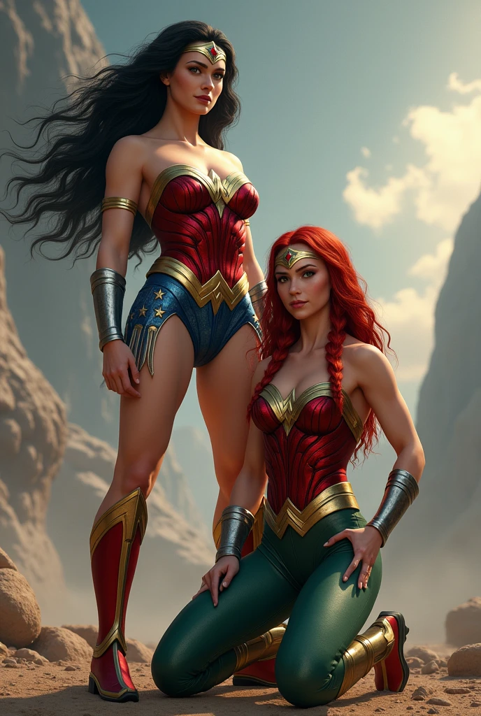 Two Wonder Women, one standing with long black hair in the original Wonder Woman outfit, red boots and silver bracelets, the other on her knees with long, red hair in a braid, a green jumpsuit and green boots with gold trim, silver bracelets, Wonder Woman diaema