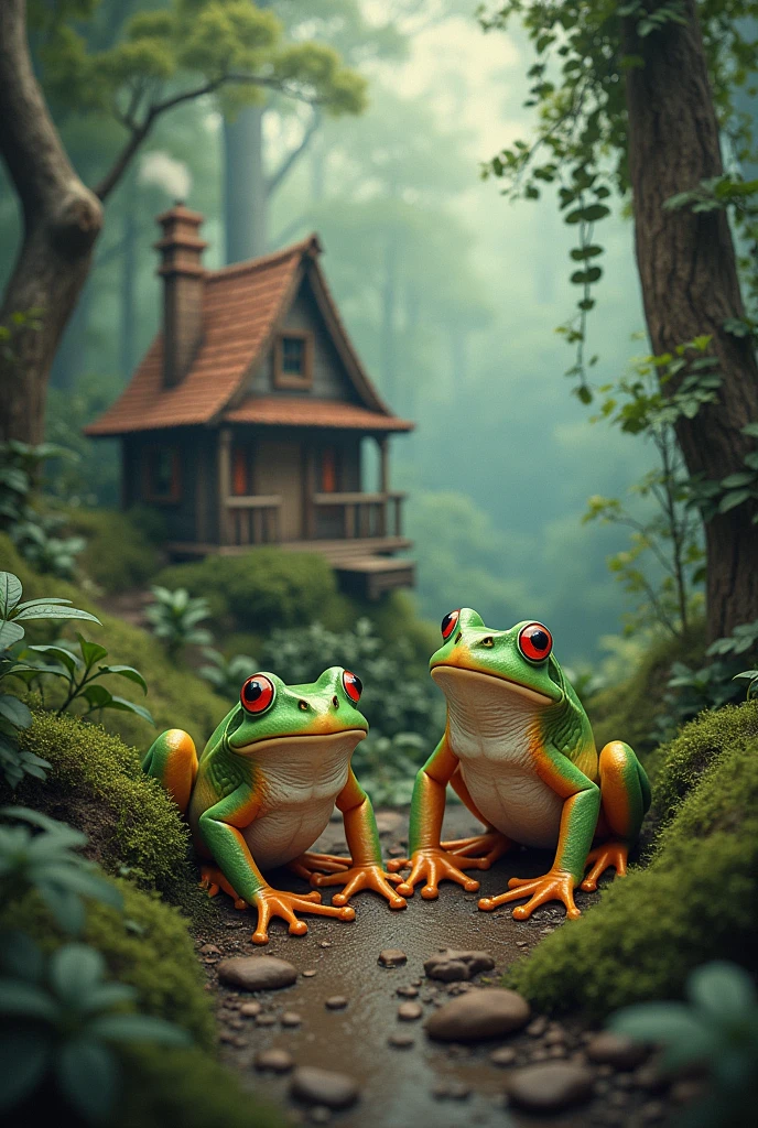 Retro Images，Storytelling，Tree frog，Ultra-realistic，high resolution，Frog family，In the background is a retro forest house with a triangular roof and smoke coming out of the chimney，No frogs

