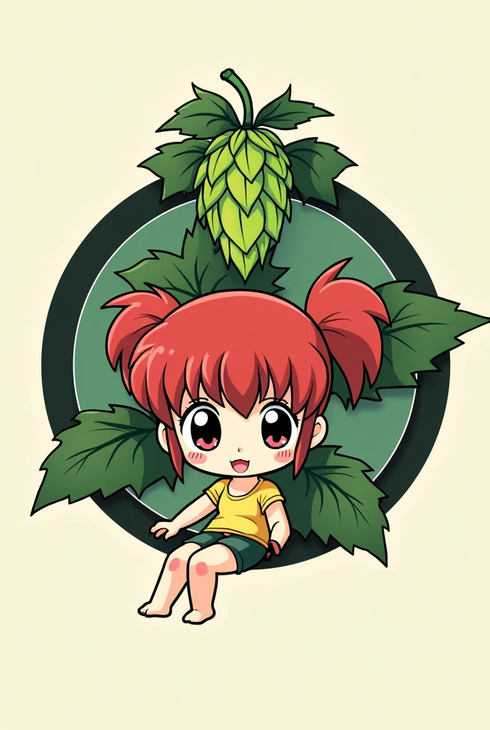 A round logo for an ipa beer bottle, containing a hop and a picture of Ranma and a half