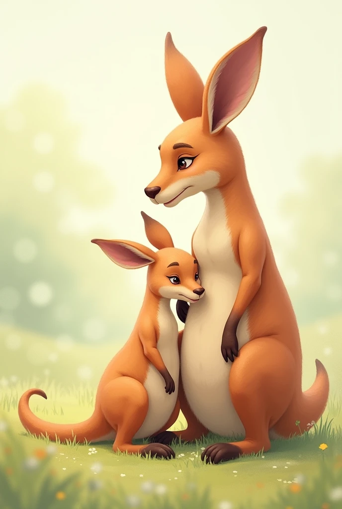 Kangaroo family, mother, dad and baby. Tender watercolor style