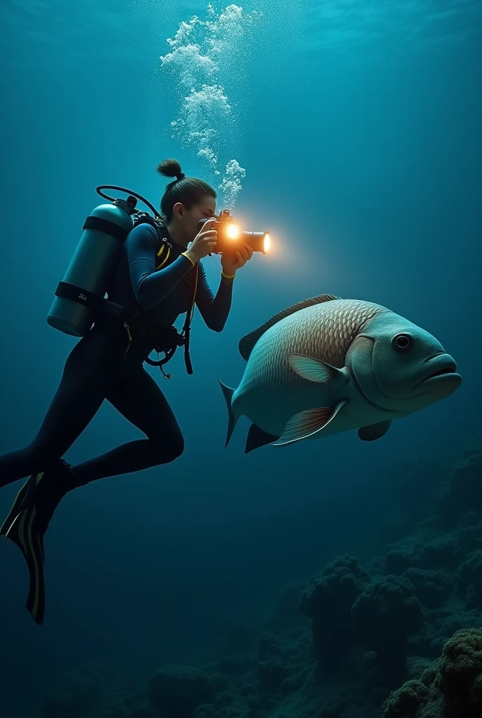 A girl diving with all her equipment takes a picture of a big fish with her underwater camera that has two lamps on each side to illuminate the night scene