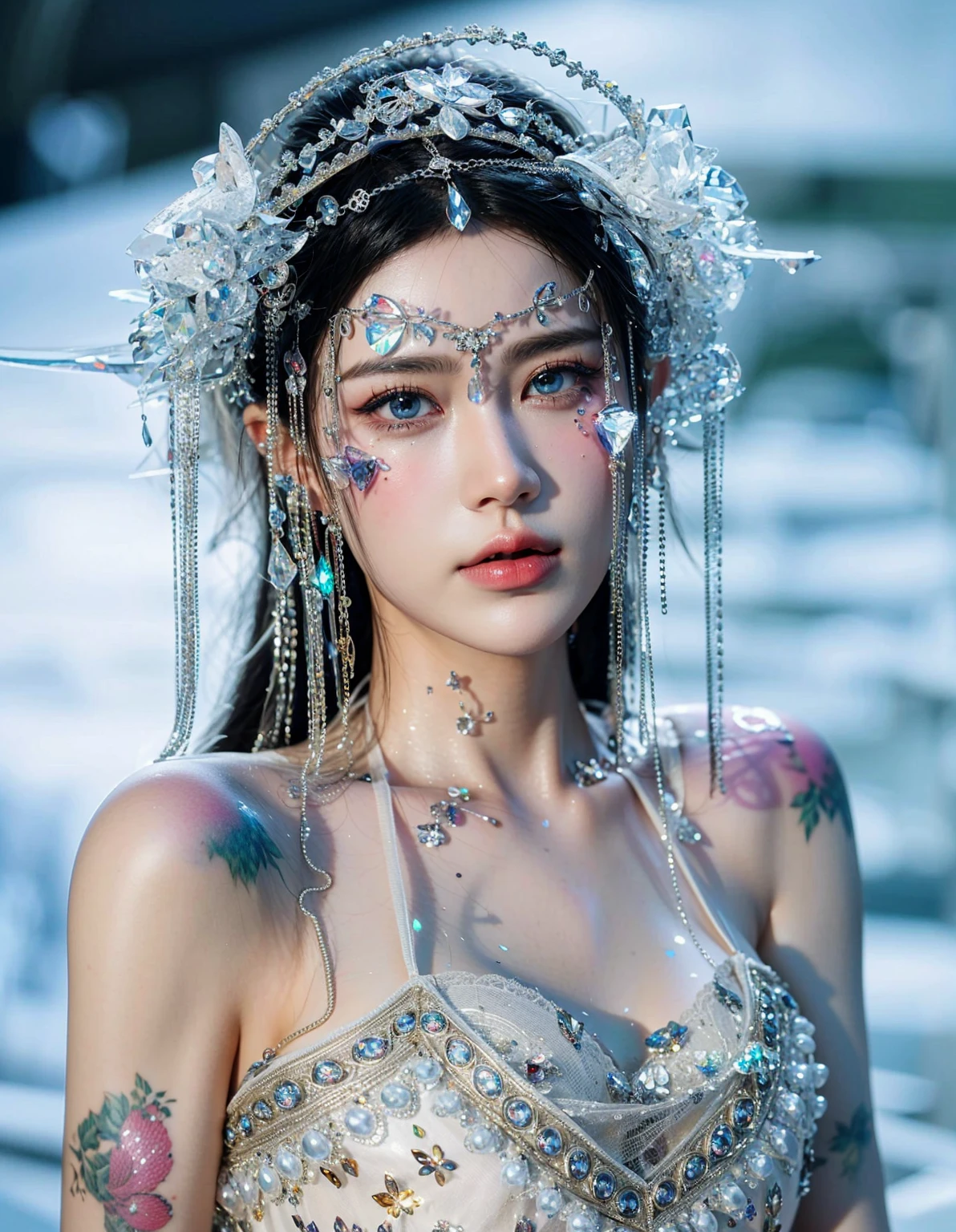 Game Art,Best image quality,Maximum resolution,8K,(A bust photo),(portrait),(Head close-up),(Rule of Thirds),Unreal Engine 5 rendering works,20 year old girl,((Queen)),The eyes are very detailed,(Large Breasts),Elegance and nobility,Light,Light线追踪,Game CG,((3D Unreal Engine)),OC rendering reflection mode,4K,Ultra-clear,Sensual,Translucent lace,Fair and plump figure,Pretty Face,Light泽凝胶涂层,身着华贵礼服的Queen,Crystal Gem Crown,Necklace jewelry,blue eyes,The tattoo is very three-dimensional,Gorgeous and intricate tattoo designs,Ultra-clear portrait,Sexy body,Temple Princess,Swarovski crystal diamond,Heart of the Universe Gem