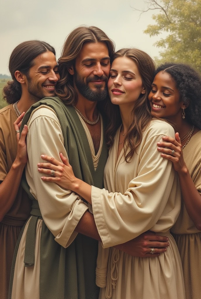 Drawing of Christian people loving each other as the Lord Jesus Christ commanded