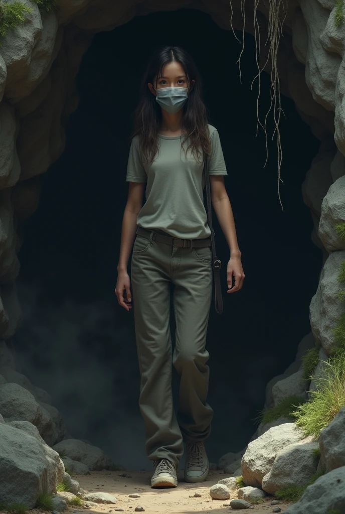 A girl wearing pants and a t-shirt with a mask covering her face coming out of a cave