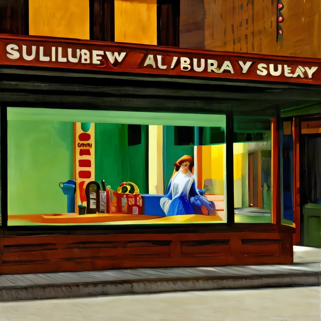 Subway station at night、Painting of a beautiful woman standing on a platform。The subway tracks are also visible.。, Edward Hopper