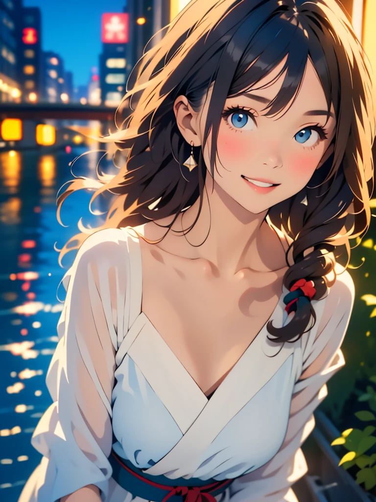 1woman, 1, Famous idol, 1cute girl, very young face, (((woman))), alone, realistic, highest quality, photorealistic, masterpiece, 8K, High resolution, alone, highly detailed face, (professional lighting, Bokeh), (particles of light, Lens flare, glowing particles:0.6), (dynamic pose:1.2), soft lighting, Angle seen from above, Fashionable and trendy atmosphere, Japan, (street:1), Tokyo, (city), river, ((at night)), null, ((looking at the viewer:1)), (look at the camera),(portrait:0.6), cowboy shot, nice, walk, Maintain original face proportions, wide shoulders, whole body, (Medium chest), (long hair), brown hair, floating hair, lips, lipstick, seductive smile, floating hair, (smile), (Open_mouth), teeth, Eye Ring, ((full nude)),