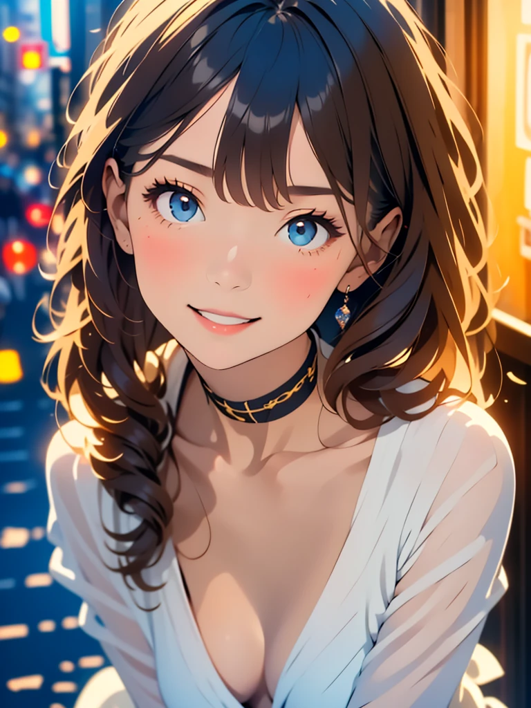 1woman, 1, Famous idol, 1cute girl, very young face, (((woman))), alone, realistic, highest quality, photorealistic, masterpiece, 8K, High resolution, alone, highly detailed face, (professional lighting, Bokeh), (particles of light, Lens flare, glowing particles:0.6), (dynamic pose:1.2), soft lighting, Angle seen from above, Fashionable and trendy atmosphere, Japan, (street:1), Tokyo, (city), river, ((at night)), null, ((looking at the viewer:1)), (look at the camera),(portrait:0.6), cowboy shot, nice, walk, Maintain original face proportions, wide shoulders, whole body, (Medium chest), (long hair), brown hair, floating hair, lips, lipstick, seductive smile, floating hair, (smile), (Open_mouth), teeth, Eye Ring, ((full nude)),
