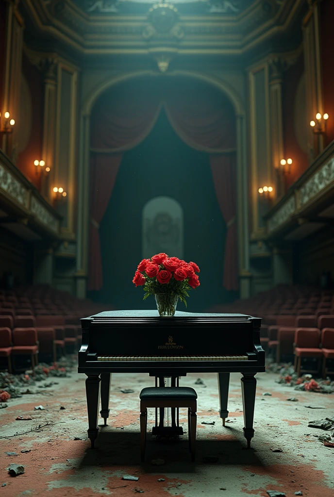 A piano with a vase of roses on top in an abandoned theater 