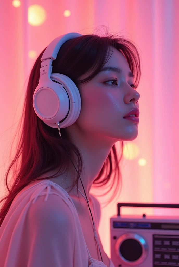 Create an image with a pink background of an 18 year old girl with a huge headset listening to music and a small radio 