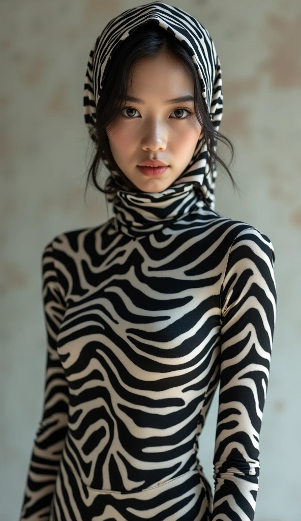 A thin and beautiful asian muslimah muslim woman with beautiful lips and beautiful cheeks wears zebra print lycra turtleneck unitard catsuit.She always wear cotton zebra print hijab.She is my favourite best beautiful teacher.She is crawling.