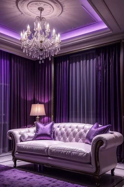 purple lighting in a room with a white sofa and a bar, bright purple room, vip room, virtual metaverse room, purple accent lighting, purple curtain, purple color lighting, Purple scene lighting, blue and purple lighting, a crystal clear room, gentleman&#39;s club lounge, purple leather dungeon bedroom, cool purple lighting, with screens and silks
