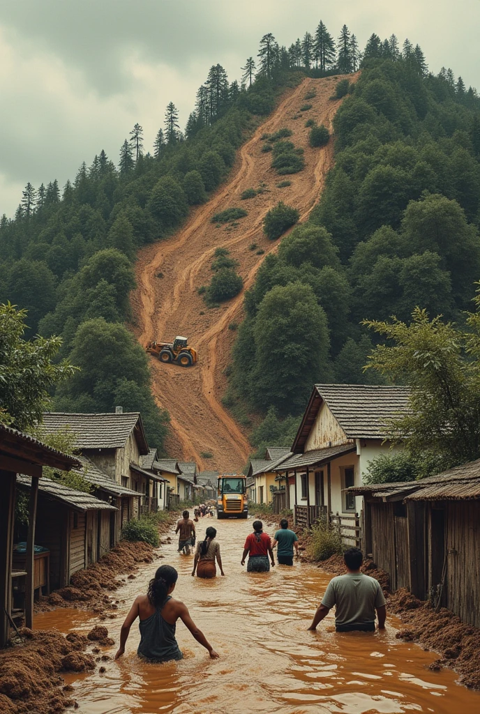 Picture a town located at the foot of a hill devoid of vegetation and life due to deforestation. At the top, the hill shows a landslide that destroyed the houses below it. Around the hill, put an image of a bulldozer cutting down trees, trees that have been cut down, and barren land. At the bottom, add the image of muddy water flowing from the hills to the luxurious city, causing floods that destroy human habitations. Images of people who are helpless in the face of this disaster can be shown in a state of panic or trying to save themselves and their property. Use collage techniques