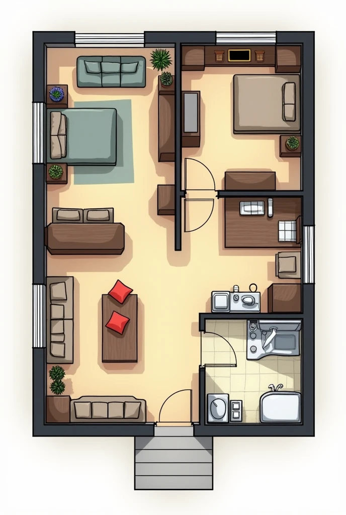 Create for me a plan of a house with a living room, a kitchen, a bathroom and two bedrooms