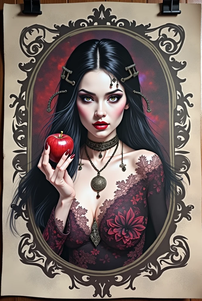 A dark and beautiful woman with long black hair, dressed as a witch queen with intricate accessories, holding a poisonous red apple, (best quality,4k,8k,highres,masterpiece:1.2),ultra-detailed,(realistic,photorealistic,photo-realistic:1.37),detailed eyes,detailed lips,extremely detailed face,longeyelashes,dark fantasy,gothic,dramatic lighting,dramatic pose,chiaroscuro,rich colors,deep red,deep purple,black and red