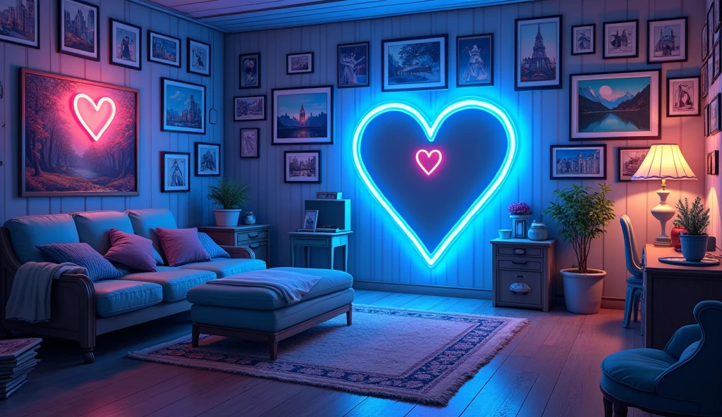 Anime Style、A room decorated with many paintings、cyber-、Blue heart shaped neon,component