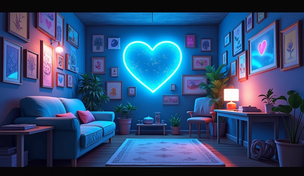 Anime Style、A room decorated with many paintings、cyber-、Blue heart shaped neon,component