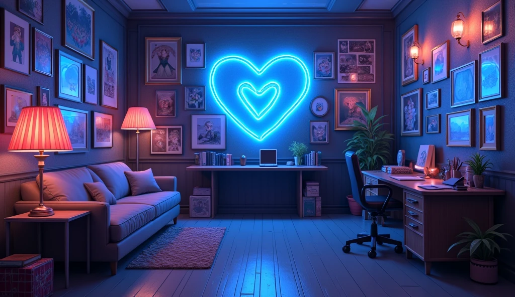 
Anime Style、A room decorated with many paintings、cyber-、Blue heart shaped neon,component