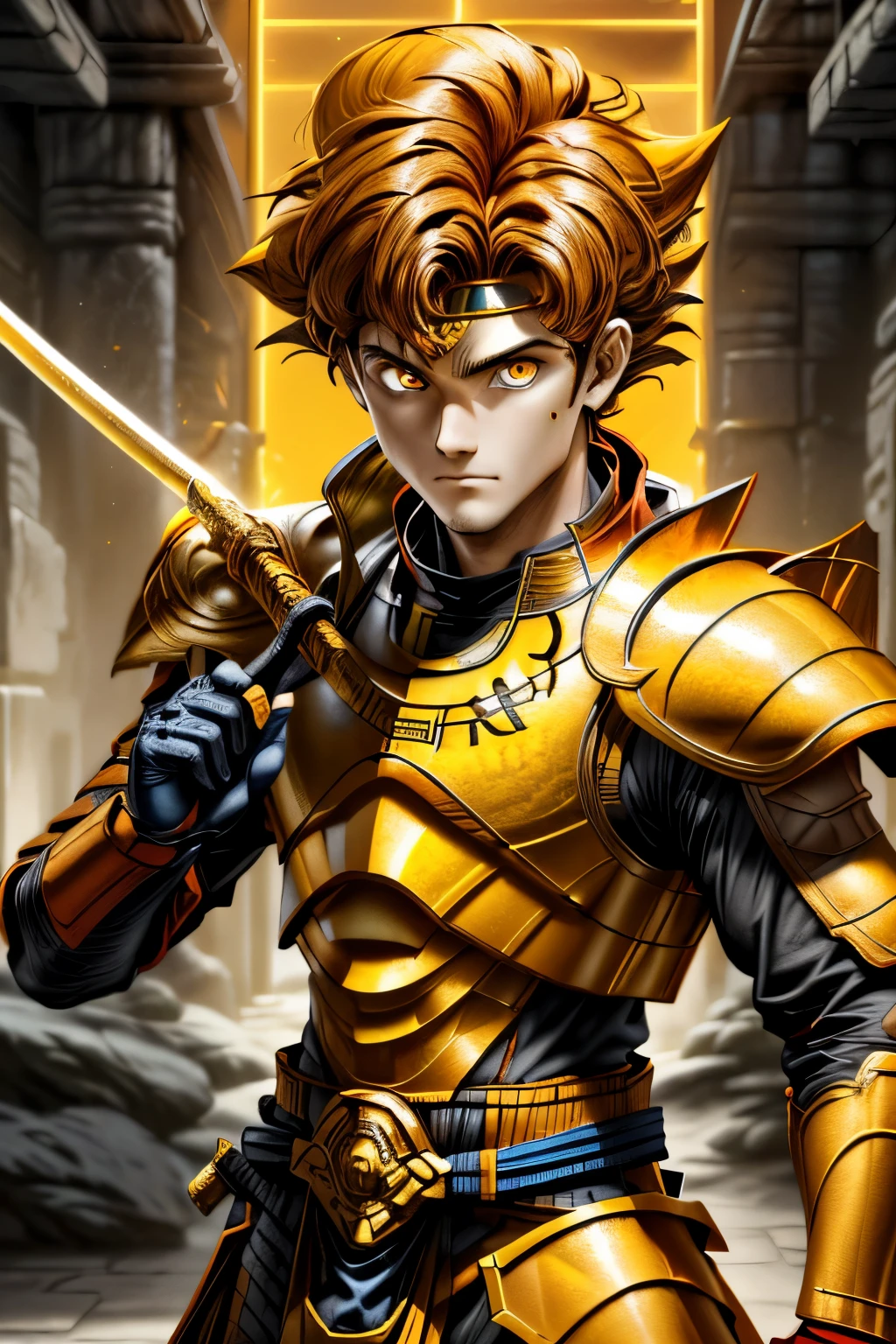 megzeromyth2023,1boy, short brown hair, yellow armor, orange energy sword, 8k, uhd, best quality, masterpiece, intricate,4k,8HD,dino armor,power ranger style,young boy,no helmet,not helmet,futuristic armor,childshi, teenage boy