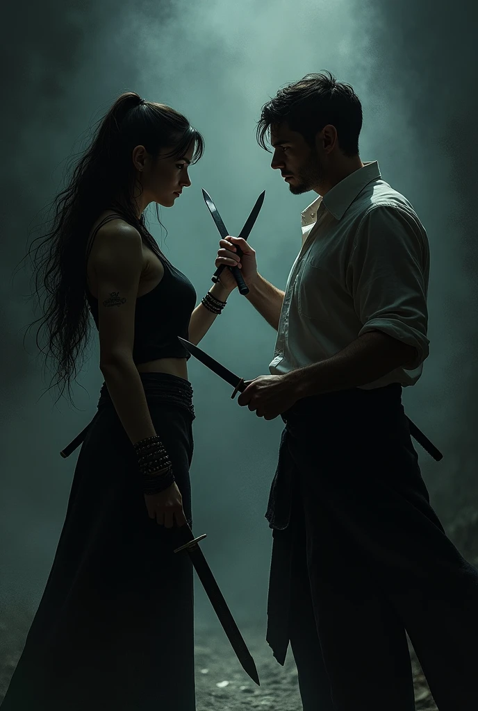 Woman from behind with daggers in both hands next to a black man with daggers in both hands