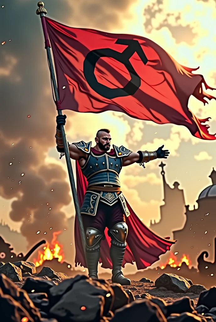 crie uma imagem de um homem vencendo uma guerra segurando uma bandeira com este símbolo ♂ estampado nela