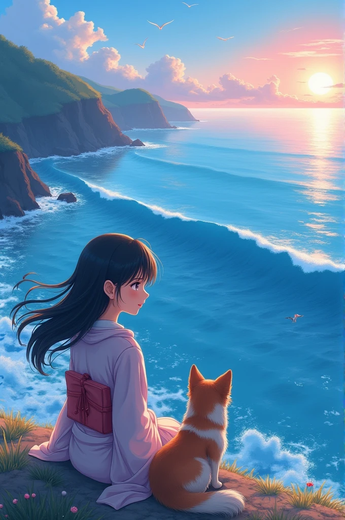 Anime animation looking at the sea with her dog companion