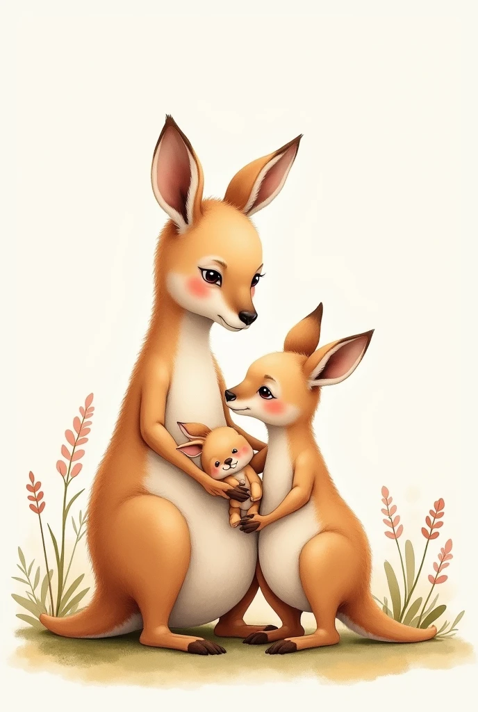 Kangaroo family of 3, mother, dad and baby. Tender watercolor style