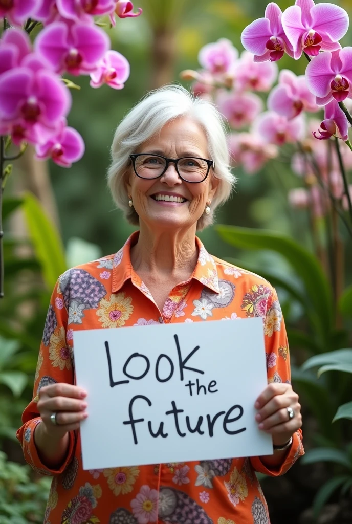 Beautiful smiling woman 60 years old white skin short hair wearing glasses and earrings with colorful blouse in an orchid garden holding a written sign: Then, 95!